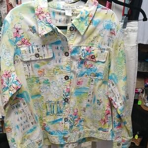 3/4 Sleeve Floral Jean Jacket in Pastel Multi